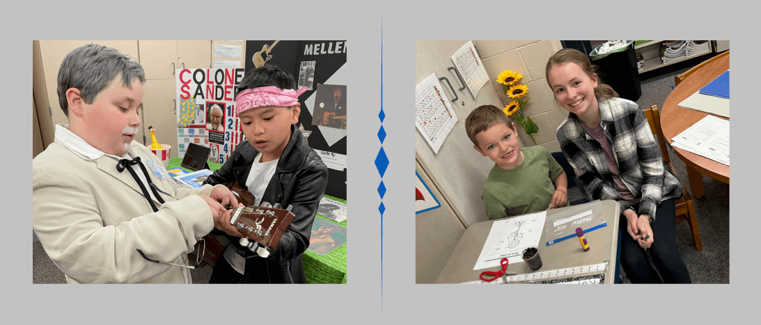 two photos: one of grade 4 students dressed up and one of a high school student helping an elementary student complete work