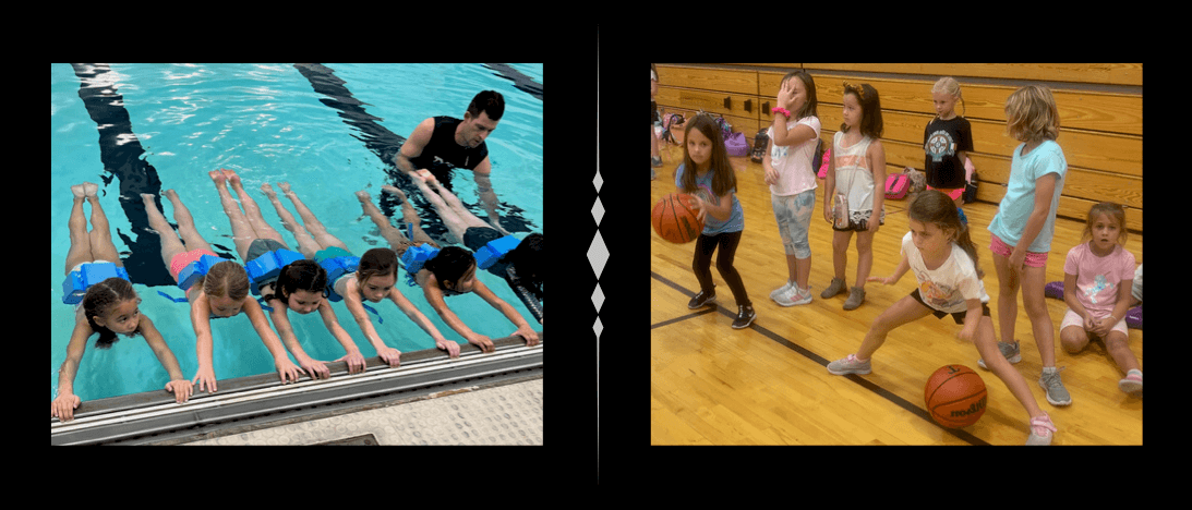two photos: one of young students learning to swim, and one of k-5 girls at basketball camp