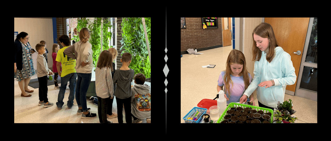 two photos--both of elementary students working with plants in the middle school