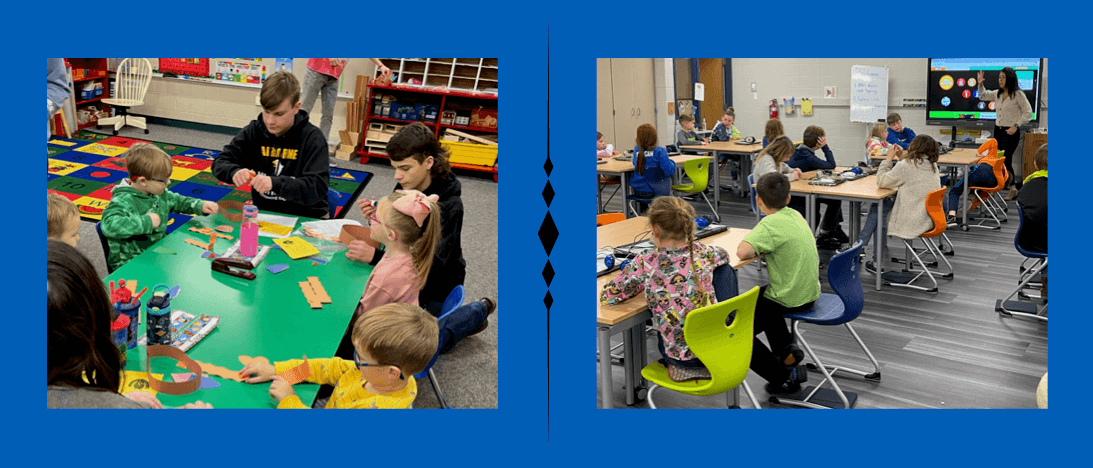 two photos: one of ffa members teaching in a kg class, and one of students working in computers/stem class