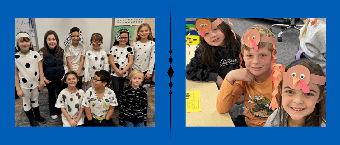 two photos: one of 2nd graders dressed as Dalmatians, and one of kg students dressed as turkeys