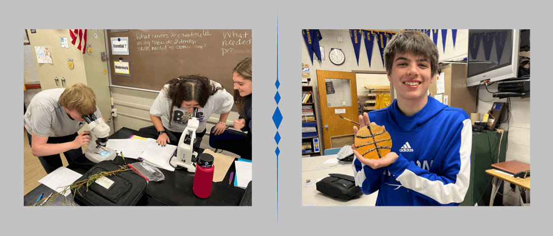 two photos: one of students looking into microscopes, and one of a student showing off a basketball he welded