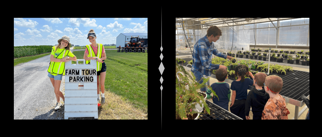 two photos: one of ffa members standing near a parking sign, and one high school student teaching prek kids in the greenhouse
