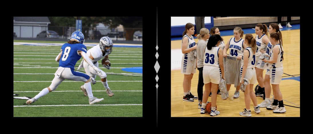 two photos: one of a football player on the field, and one of the girls' basketball team in a huddle