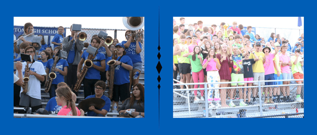 two photos: one of the pep band, and one of the Blue Crew
