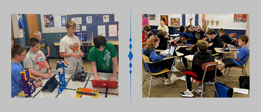 two photos: one of kids doing robotics, and one of a group of students reading