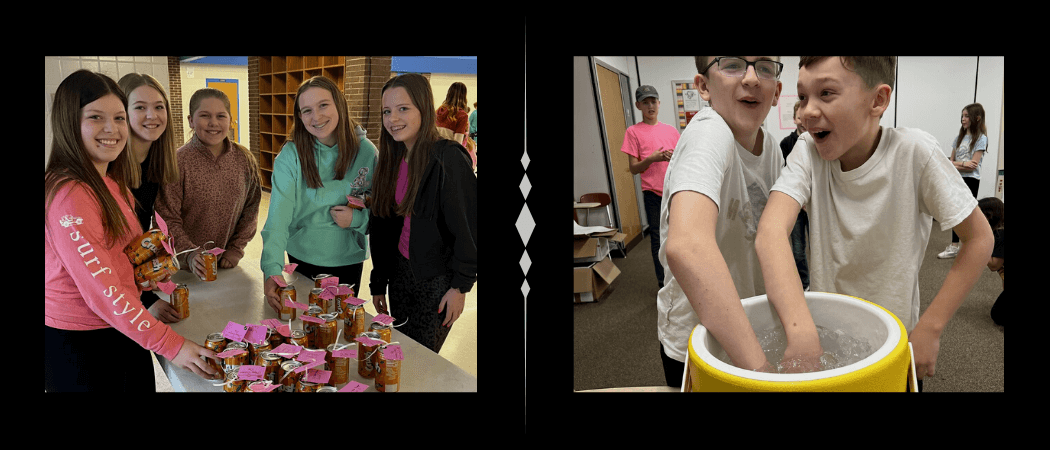 two photos: one of students preparing valentine treats, and one of a pair of students plunging their hands into icy water
