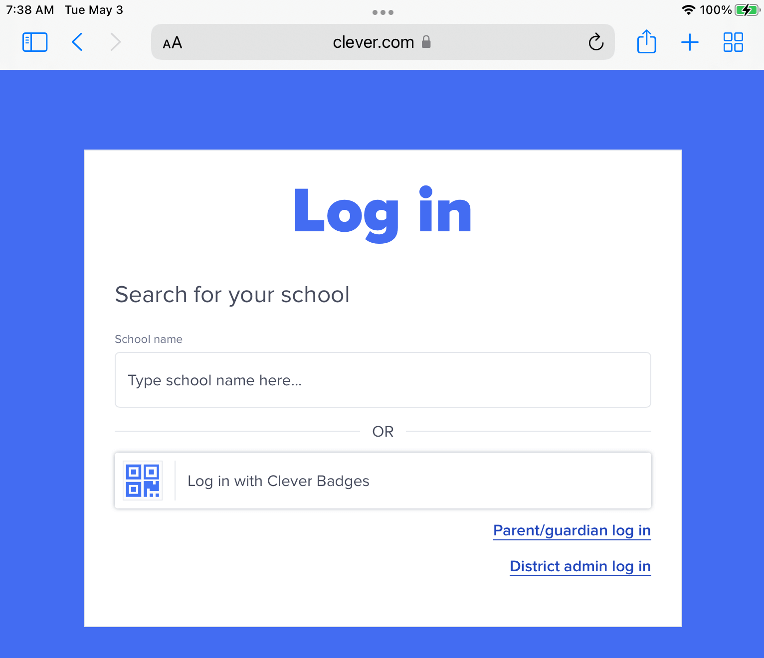 Screenshot of the Clever page that asks users to search for their school