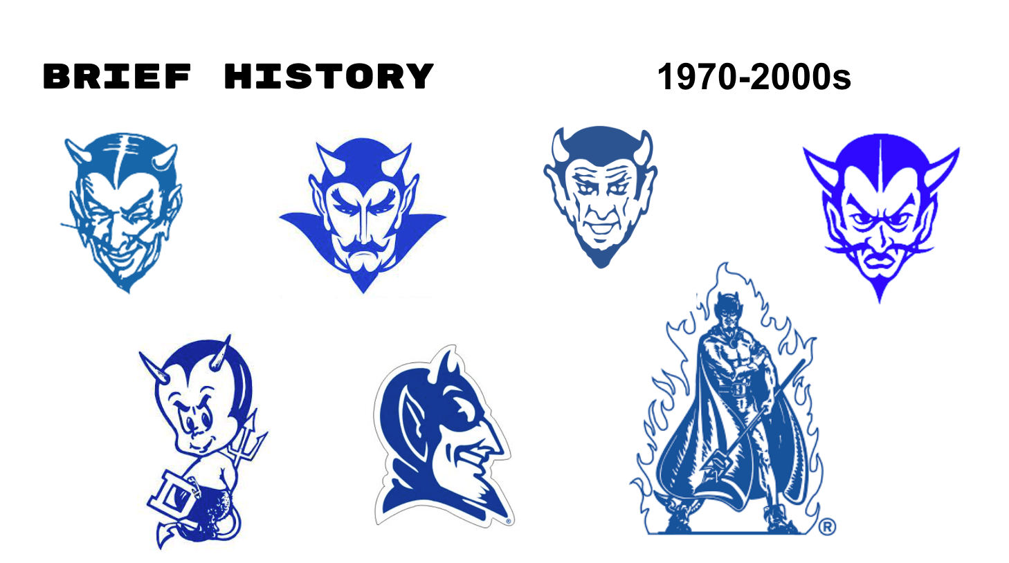 Five different Blue Devils pictured. Styling varies dramatically.