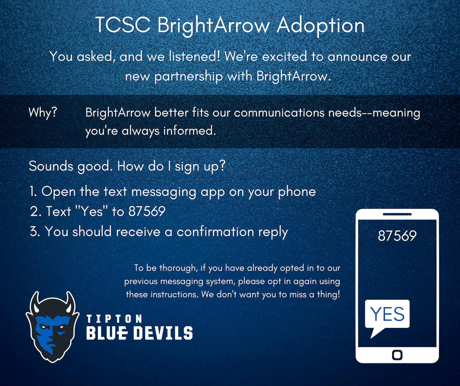 Promotional graphic for TCSC's BrightArrow adoption. Opt in for communications by texting 'yes' to 87569.