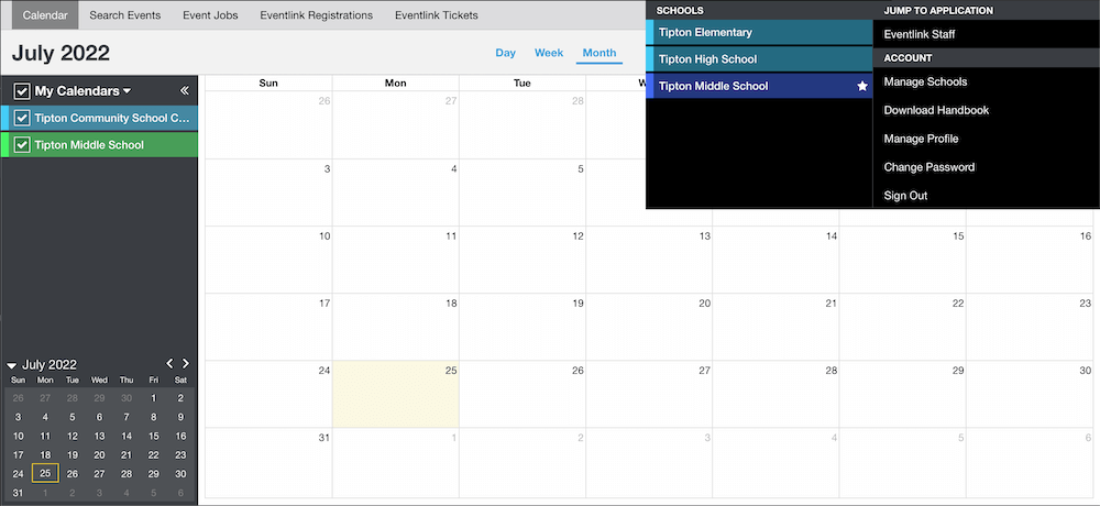 EventLink menu near the top right allows one to switch between calendars and click "manage profile"