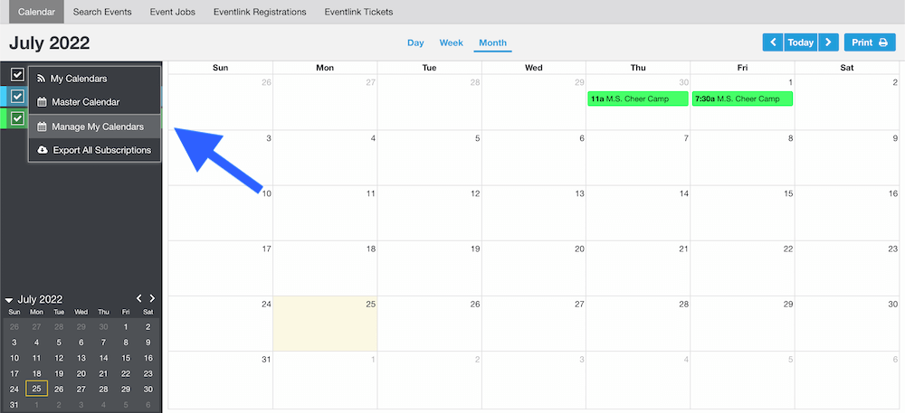 EventLink menu that appears when you click My Calendars. You can view the master calendar, manage your calendars, or export.