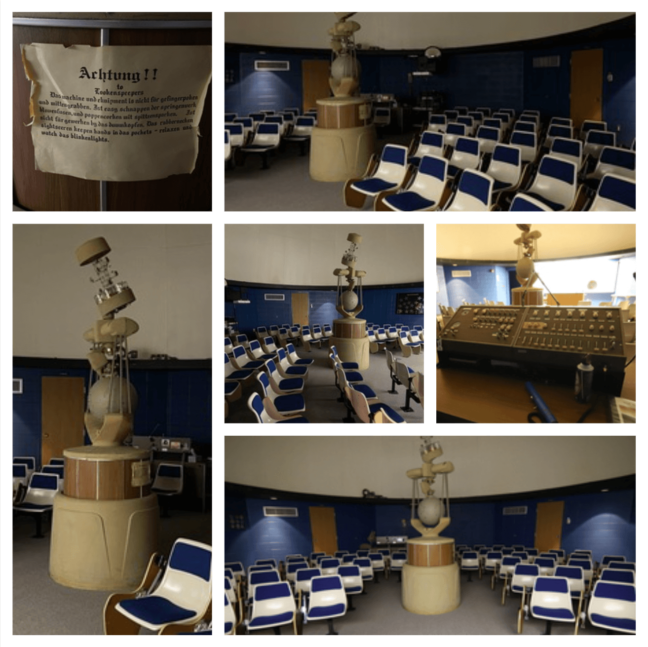 Collage of the planetarium that shows equipment, seating, and a notice written in German.