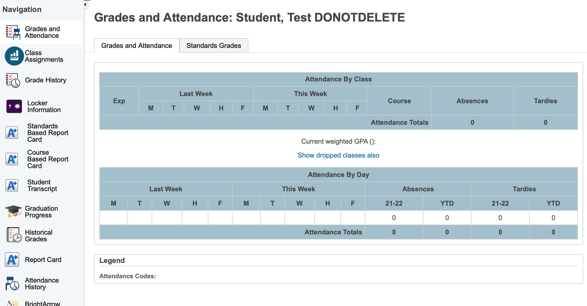View of the student's grades/attendance. Along the left column, there are several other choices for viewing other stuff.