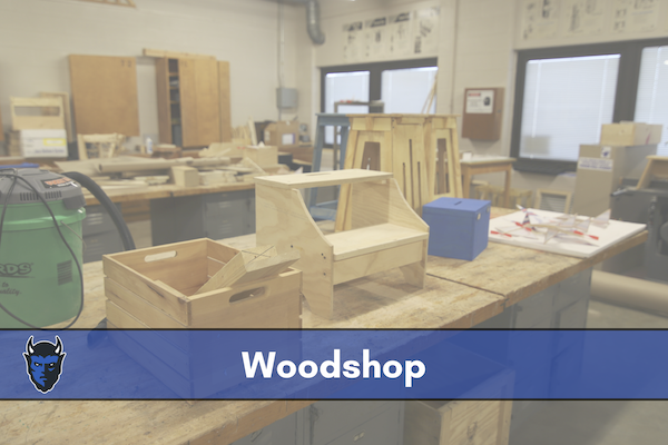 Splash page for the woodshop; text at the bottom reads \