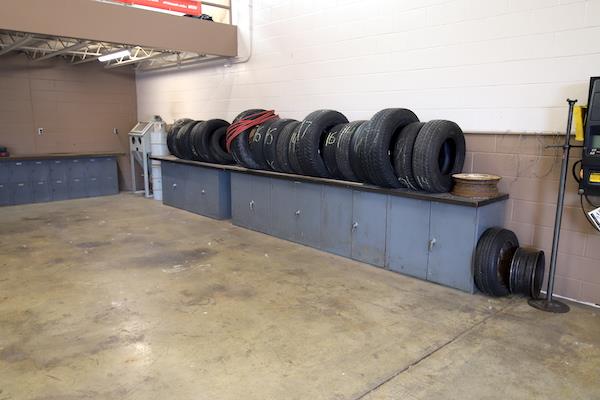 Row of tires on a workbench