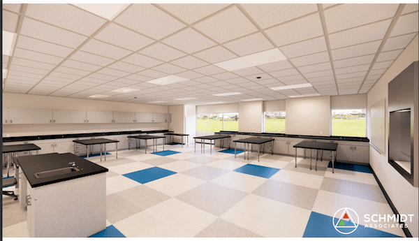 Large windows let in ample lighting for this science classroom. 
