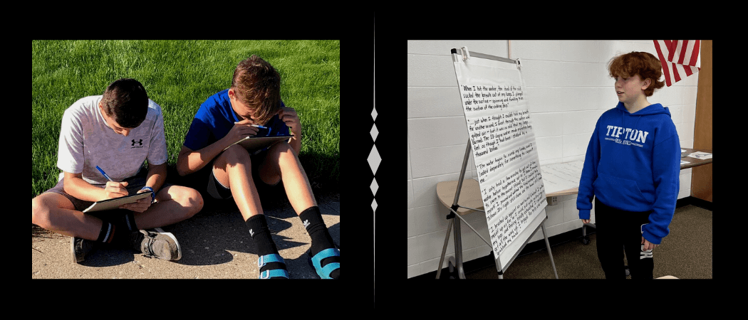 two photos: one of two students reading outside, and one of a student reading a large chart document
