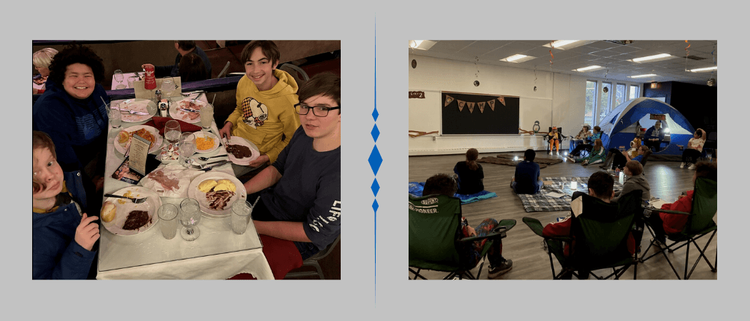 two photos: one of students eating a fancy dinner, and one of students 'camping' in the board room